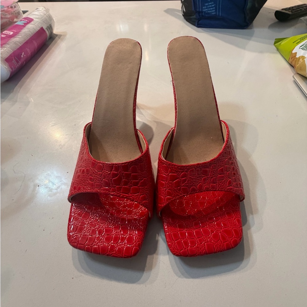 Red Croc-Embossed Slide Heels - Women